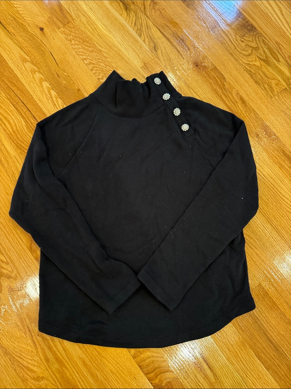 Women’s JCrew Black Mock Neck Sweatshirt with Rhinestone Shoulder Buttons